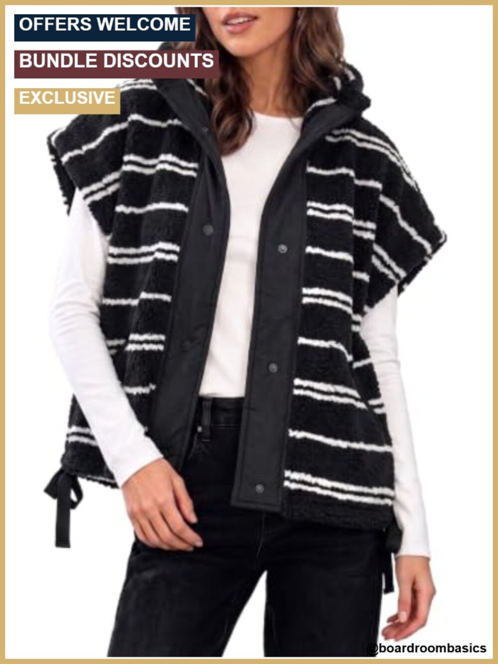 Fuzzy Sherpa Fleece Vest Striped Sleeveless Button Down Oversized